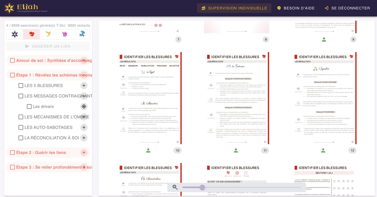 Sélection d'exercices du thème Amour de soi dans la boîte à outils de la plateforme Eliah